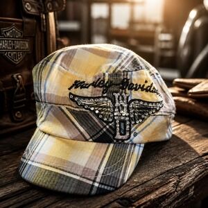 Harley-Davidson Women's Rhinestone Winged Logo Plaid Cadet Cap One SIZE
